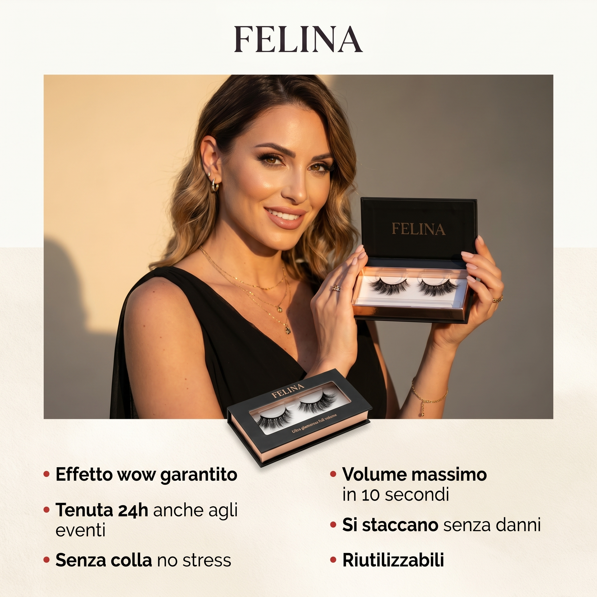 FELINA Glam — Ciglia Magnetiche Volume Pieno con Eyeliner e Applicatore | Effetto Wow